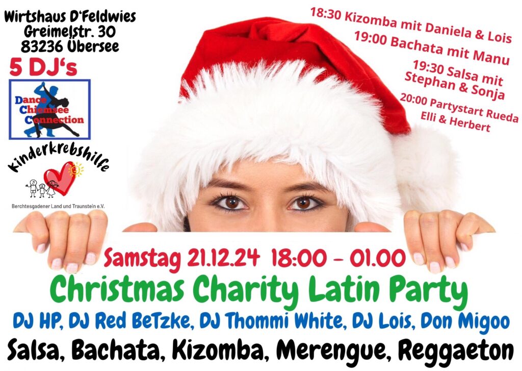 Flyer der Dance Chiemsee Connection: Christmas Charity Latin Party am 21.12.2024, 18:00 bis 1:00 Uhr im Wirtshaus D'Feldwies, Übersee