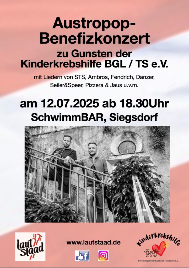 Plakat Austropop-Benefizkonzert - zugunsten der Kinderkrebshilfe, Info wie auf der Website angegeben, Foto von den beiden Musikern "Lautstaad"